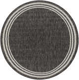 Close-up of a round Coonamble Bordered Antrasit Rug. Charcoal gray rug with a cream striped border. Design-Round-67