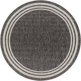 Close-up of the Coonamble Bordered Antrasit Rug. Round charcoal rug with a cream striped border. Design-Round-710