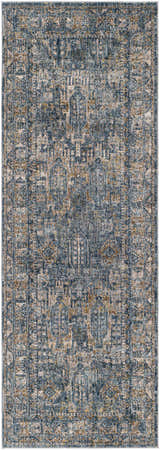 Close-up of the Mirabel Denim Blue Traditional Rug, featuring a distressed oriental pattern in denim, cream, brown, and gray. Design-Runner-2773
