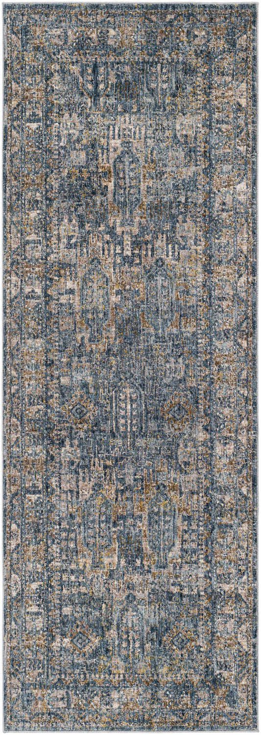 Close-up of the Mirabel Denim Blue Traditional Rug, featuring a distressed oriental pattern in denim, cream, brown, and gray. Design-Runner-2773