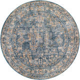 Round Mirabel Denim Blue Traditional Rug with cream, brown, and blue oriental pattern. Design-Round-67