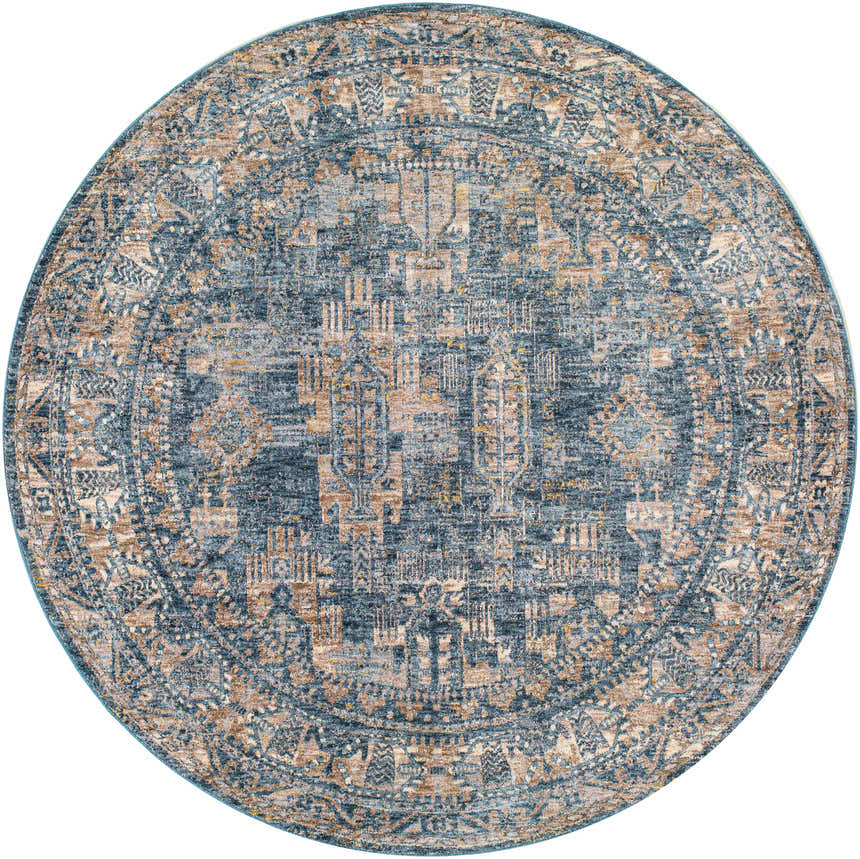 Round Mirabel Denim Blue Traditional Rug with cream, brown, and blue oriental pattern. Design-Round-67