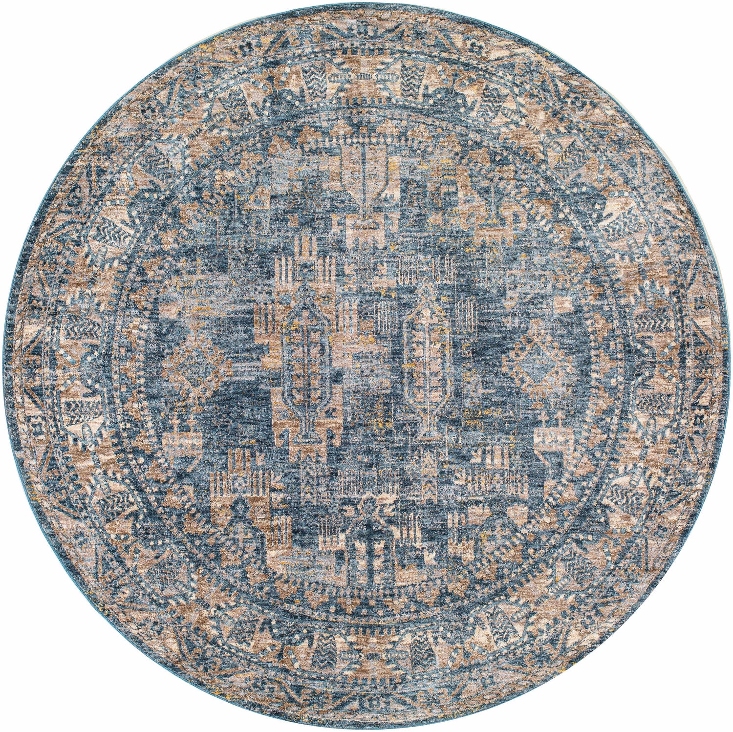 Round Mirabel Denim Blue Traditional Rug with cream, brown, and blue oriental pattern. Design-Round-67