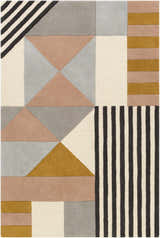 Close-up of the Coorparoo Wool Area Rug. Geometric design in beige, black, dusty pink, gray, and mustard. Hand-tufted texture. Design-Rectangle-576