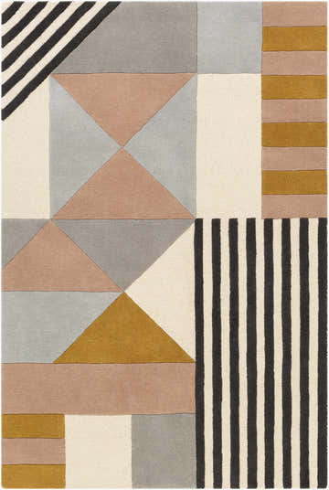 Close-up of the Coorparoo Wool Area Rug. Geometric design in beige, black, dusty pink, gray, and mustard. Hand-tufted texture. Design-Rectangle-576