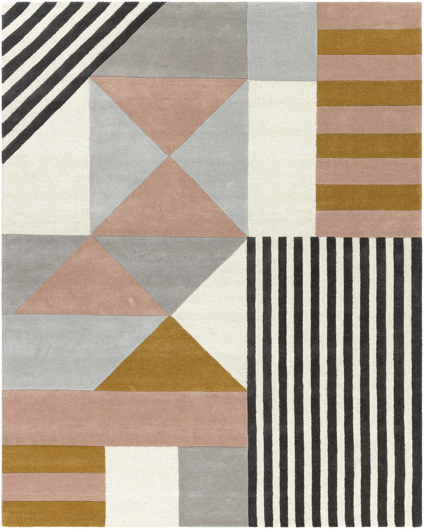 Close-up of the Coorparoo Wool Area Rug. Geometric design in beige, black, dusty pink, gray, and mustard. Hand-tufted texture. Design-Rectangle-810