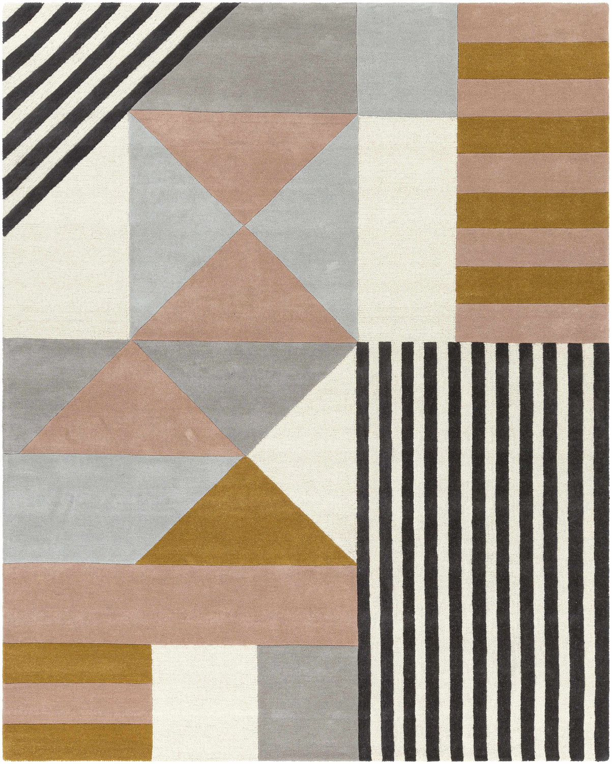 Close-up of the Coorparoo Wool Area Rug. Geometric design in beige, black, dusty pink, gray, and mustard. Hand-tufted texture. Design-Rectangle-810