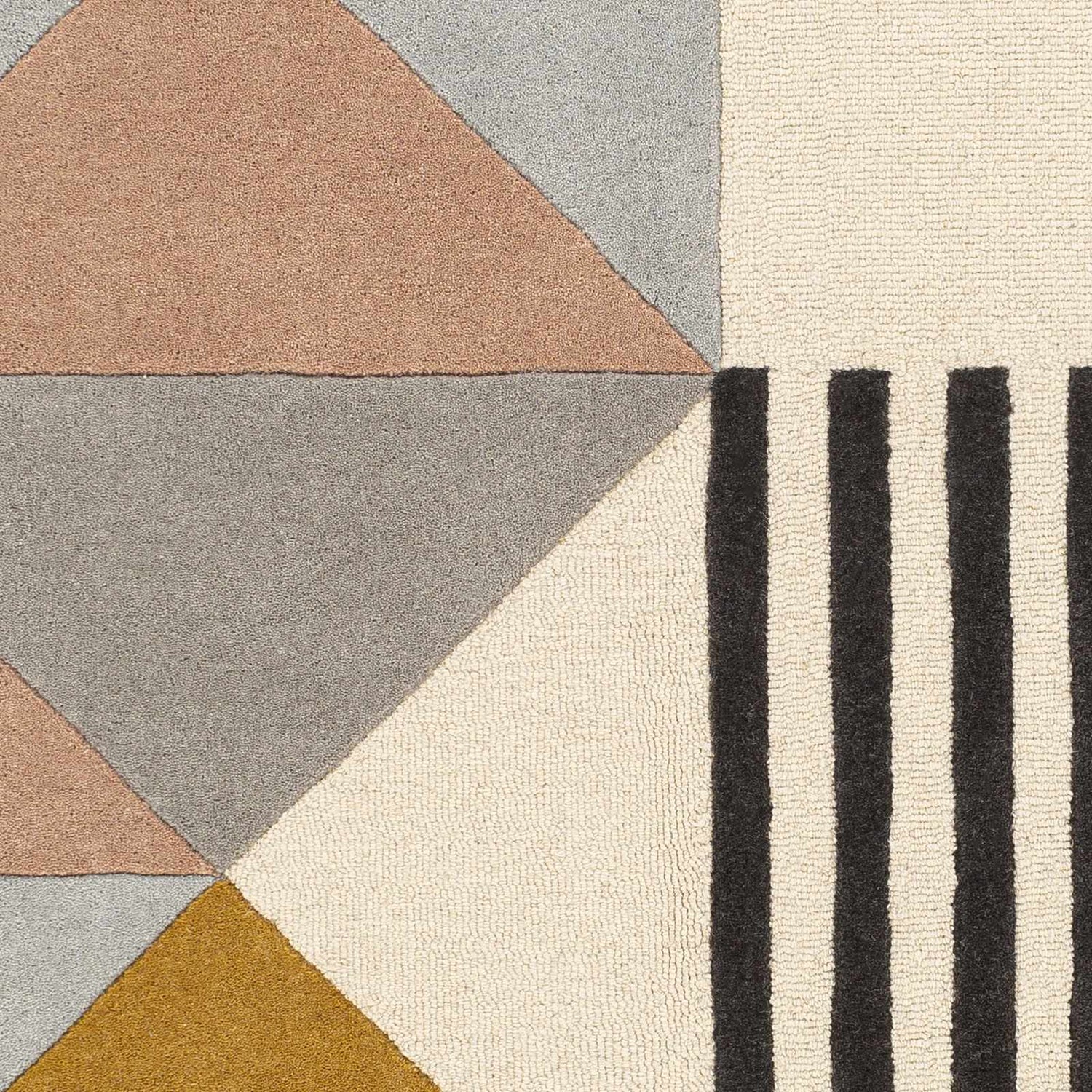 Close-up of the Coorparoo Wool Area Rug. Geometric design with beige, black stripes, dusty pink, gray, and mustard tones. Swatch