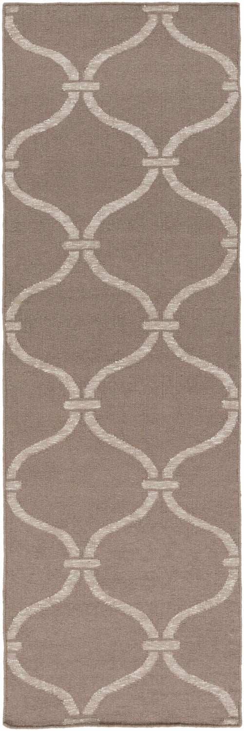 Close-up of the Coraopolis Area Carpet. Light gray and taupe hand woven wool runner with a contemporary trellis pattern. Design-Runner-268