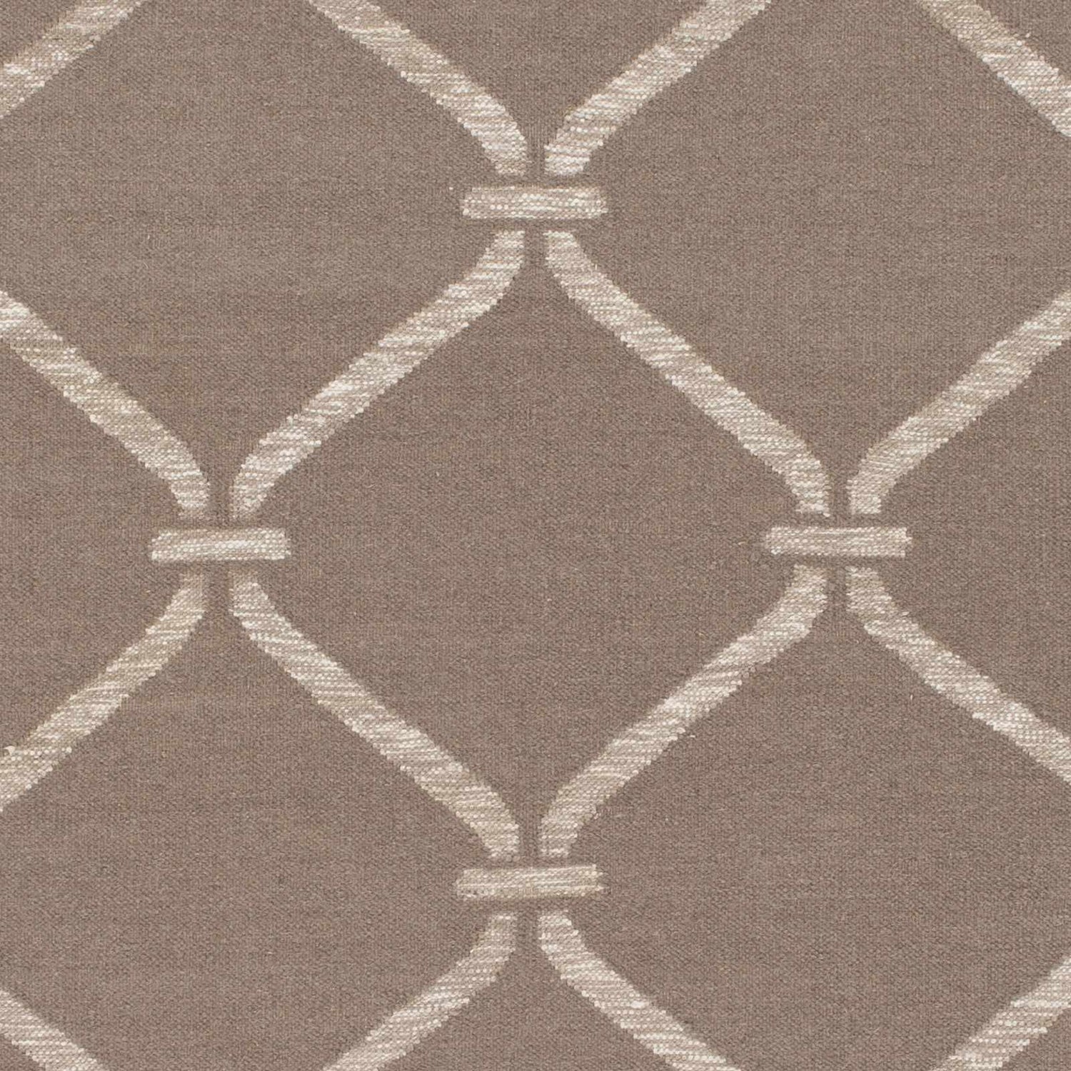 Close-up of Coraopolis Area Carpet. Taupe rug with light gray diamond trellis pattern. Hand woven wool texture. Swatch