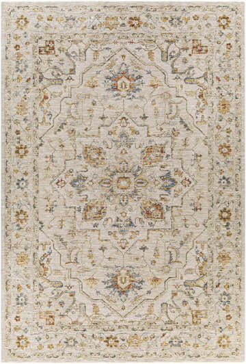 Close-up of a Coromandel Oushak Area Rug. Oriental design with brick red, cream, denim, and light brown floral patterns. Design-Rectangle-6796