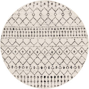 Close-up of a round Scandi Moroccan Trellis Rug. Off-white rug with black and gray diamond and geometric patterns. Design-Round-53