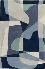Close-up of the Crawfordsville rug. Hand-tufted wool rug with a modern geometric design in dark blue, denim, sage, and gray tones. Design-Rectangle-58