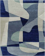 Close up of the Crawfordsville rug. Hand tufted wool rug in dark blue, denim, dusty sage, medium gray, navy, and oatmeal. Design-Rectangle-7996