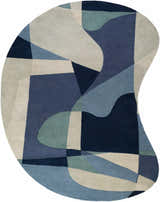 Close-up of the Crawfordsville Modern Hand Tufted Wool Rug. Features abstract shapes in dark blue, denim, sage, and oatmeal tones. Design-Custom