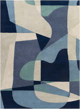 Close-up of the Crawfordsville rug. Hand-tufted wool rug with a modern abstract design in dark blue, denim, sage, gray, and oatmeal. Design-Rectangle-811