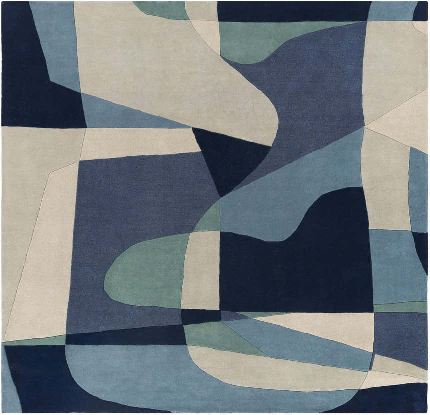 Close-up of the Crawfordsville Modern rug. Hand-tufted wool rug in dark blue, denim, dusty sage, gray, navy, and oatmeal. Design-Square-8