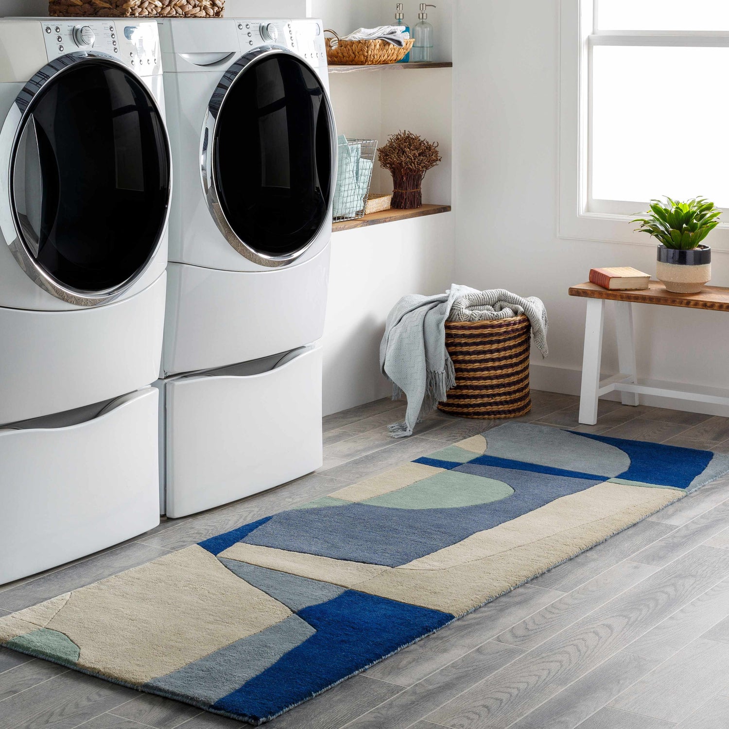 Modern laundry room with a blue, gray, and oatmeal Crawfordsville wool runner rug. Roomscene-Runner