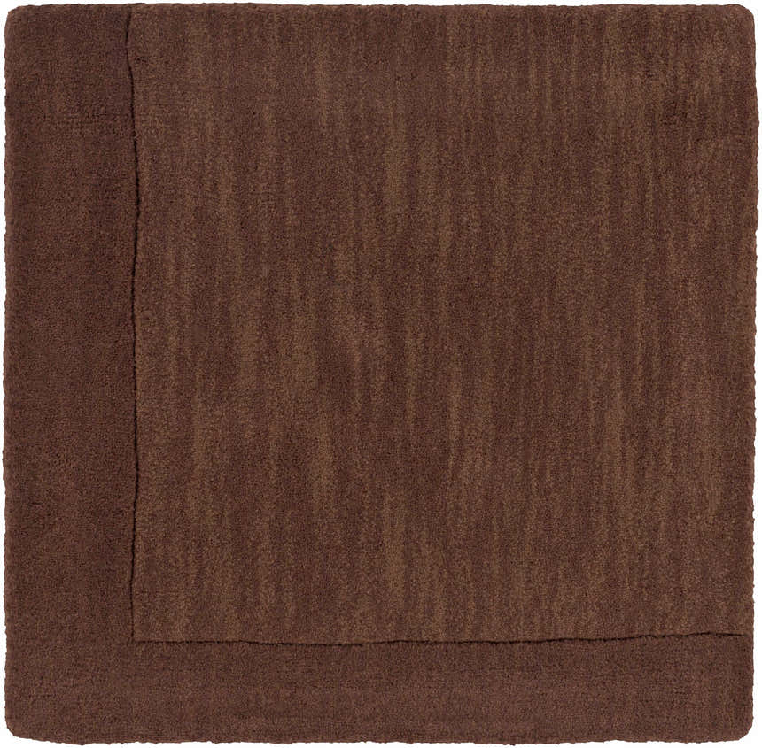 Close-up of a dark brown Bordered Solid Brown Wool Rug showing the textured, hand-loomed wool and simple border. Swatch