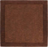 Close-up of a hand-loomed Bordered Solid Brown Wool Rug. The rug has a dark brown border and a solid brown center. Design-Square-8