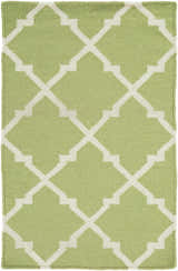 Close-up of the Creekside Area Rug. Hand-woven wool rug in light green with a white geometric trellis pattern. Design-Rectangle-23