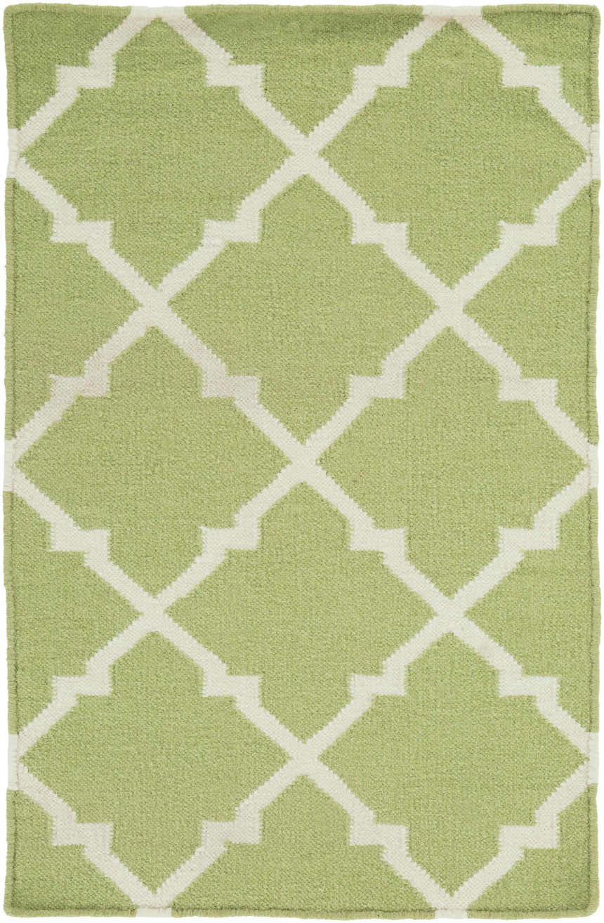 Close-up of the Creekside Area Rug. Hand-woven wool rug in light green with a white geometric trellis pattern. Design-Rectangle-23