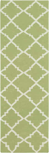 Close-up of a Creekside Area Rug. Hand-woven wool runner rug in light green with a white geometric trellis pattern. Design-Runner-268
