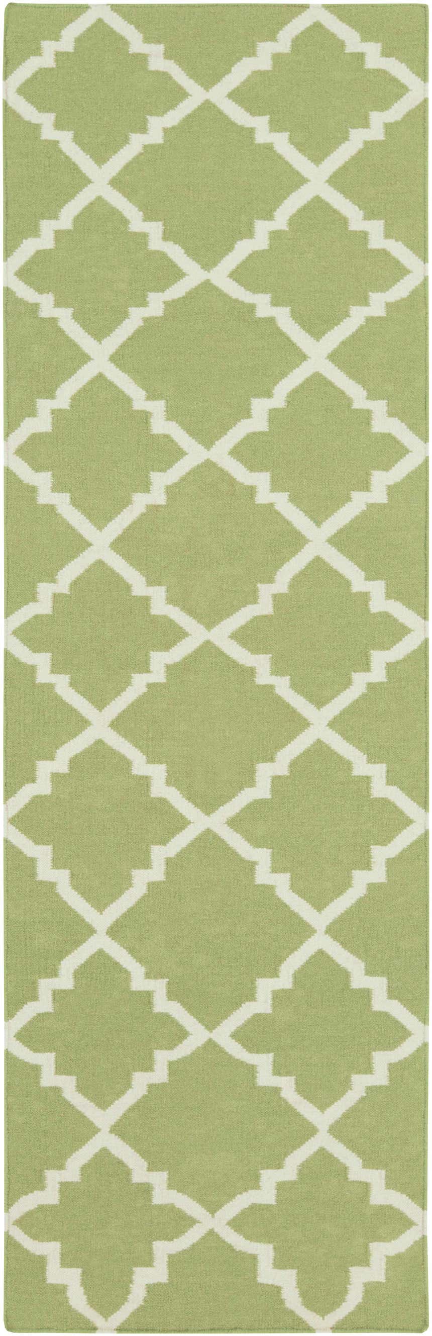 Close-up of a Creekside Area Rug. Hand-woven wool runner rug in light green with a white geometric trellis pattern. Design-Runner-268