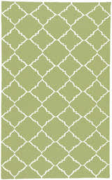 Close-up of the Creekside Area Rug; a green wool rug with a white quatrefoil lattice pattern. Hand woven rug. Design-Rectangle-58