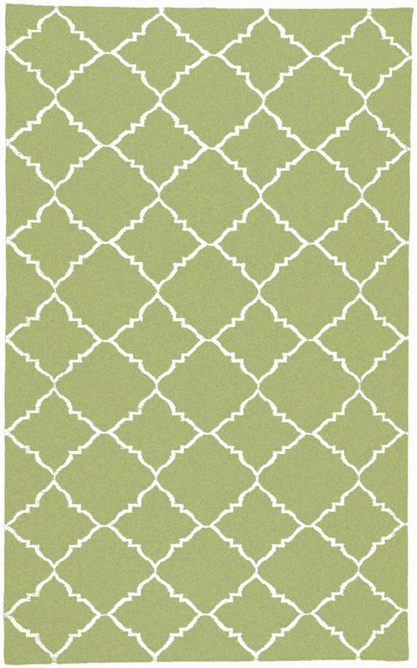 Close-up of the Creekside Area Rug; a green wool rug with a white quatrefoil lattice pattern. Hand woven rug. Design-Rectangle-58
