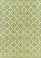 Hand woven Creekside Area Rug with a light green background and a white quatrefoil pattern. Contemporary style. Design-Rectangle-811
