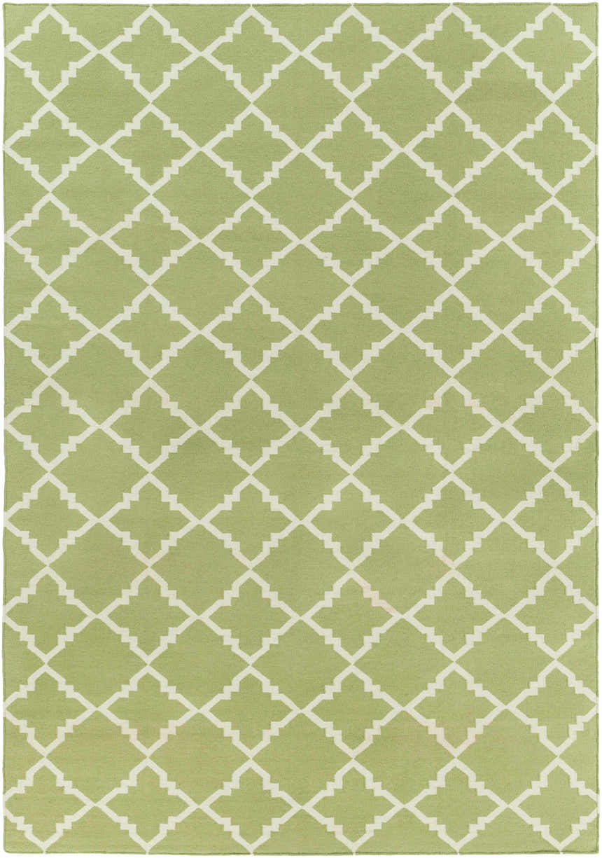 Hand woven Creekside Area Rug with a light green background and a white quatrefoil pattern. Contemporary style. Design-Rectangle-811