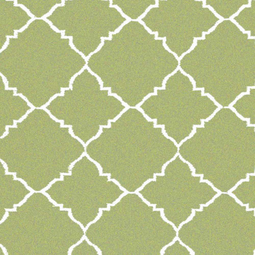 Close-up of the Creekside Area Rug showing its green and white geometric trellis pattern. Hand woven wool texture. Swatch
