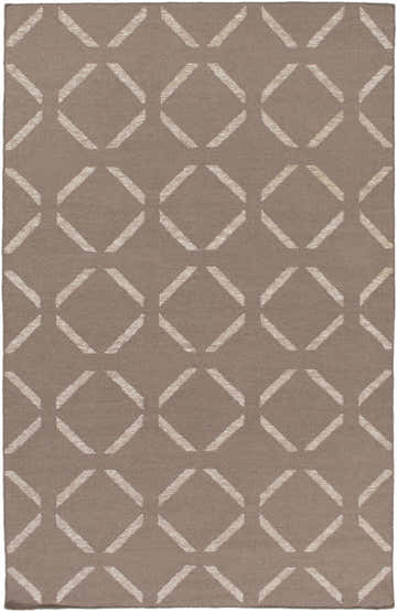 Close-up of the Cridersville Area Carpet. Taupe rug with a light gray geometric diamond pattern. Hand woven wool rug. Design-Rectangle-576