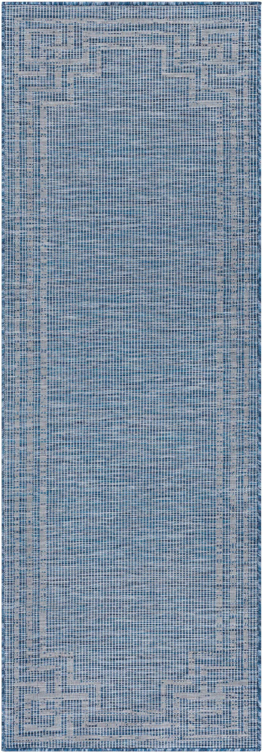 Close-up of the blue Corlette Area Rug, featuring a subtle geometric border and woven texture. Design-Runner-2773