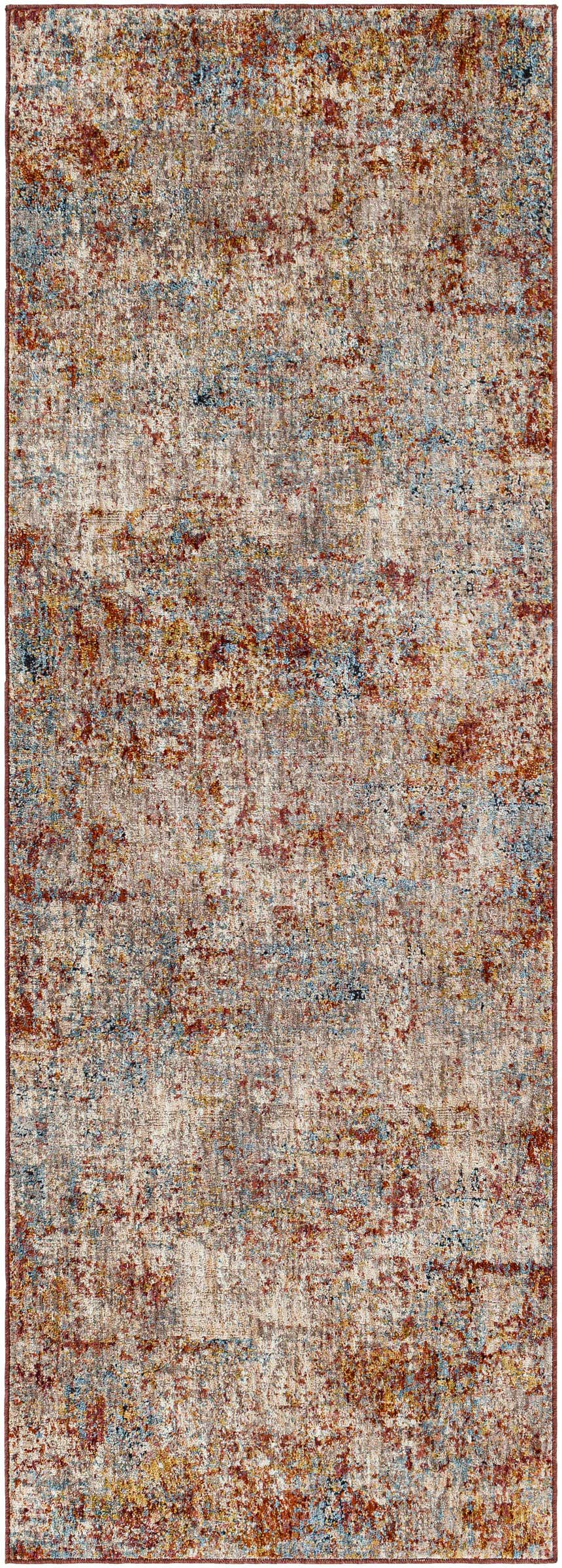 Close-up of the Cranfield Area Rug. Contemporary design with brick red, cream, blue, and rust colors. Machine woven polyester rug. Design-Runner-2710