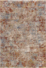 Close-up of the Cranfield Area Rug. Contemporary style rug in brick red, cream, denim, and gray with an abstract pattern. Design-Rectangle-6796