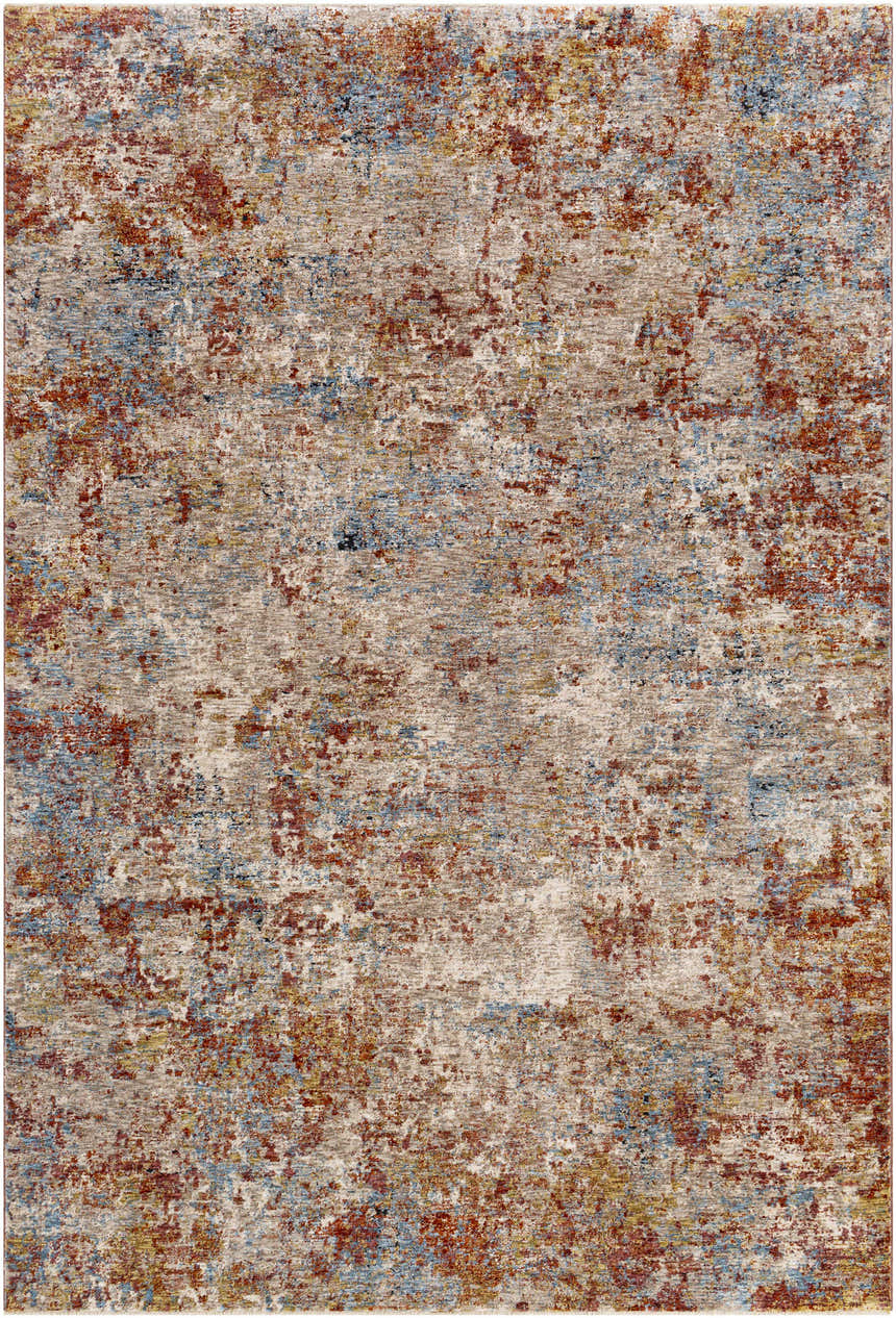 Close-up of the Cranfield Area Rug. Contemporary style rug in brick red, cream, denim, and gray with an abstract pattern. Design-Rectangle-6796