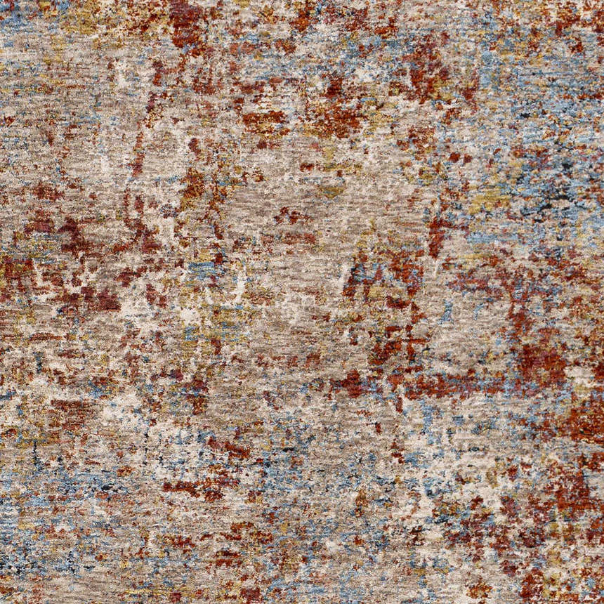 Close-up of the Cranfield Area Rug. Contemporary design with brick red, cream, and blue abstract pattern. Soft polyester texture. Swatch