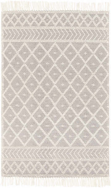 Close-up of Cromford Cotton&Wool Boutique Rug. Charcoal and ivory geometric pattern, hand woven with fringe detail. Design-Rectangle-576