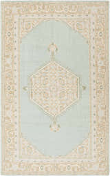 Close-up of the Carpio Carpet: a hand-knotted, rectangular rug in beige, light brown, sage, gray, and green with a traditional design. Design-Rectangle-5686