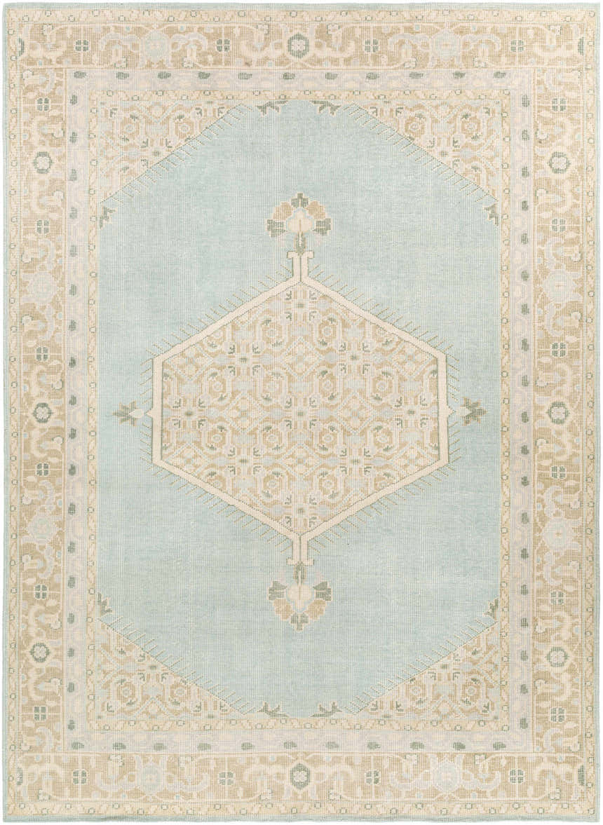 Close-up of the Carpio Carpet: a hand-knotted, traditional rug in beige, light brown, sage, gray, and green wool. Design-Rectangle-811
