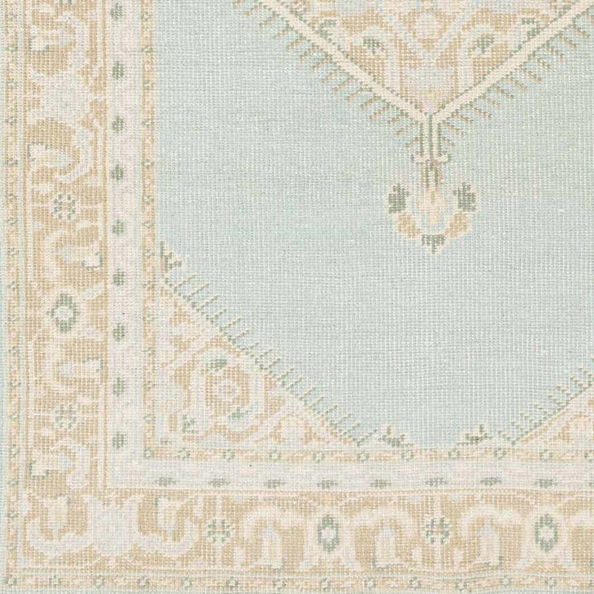Close-up of the Carpio Carpet showing its traditional, hand-knotted design in beige, light brown, and light sage wool. Swatch