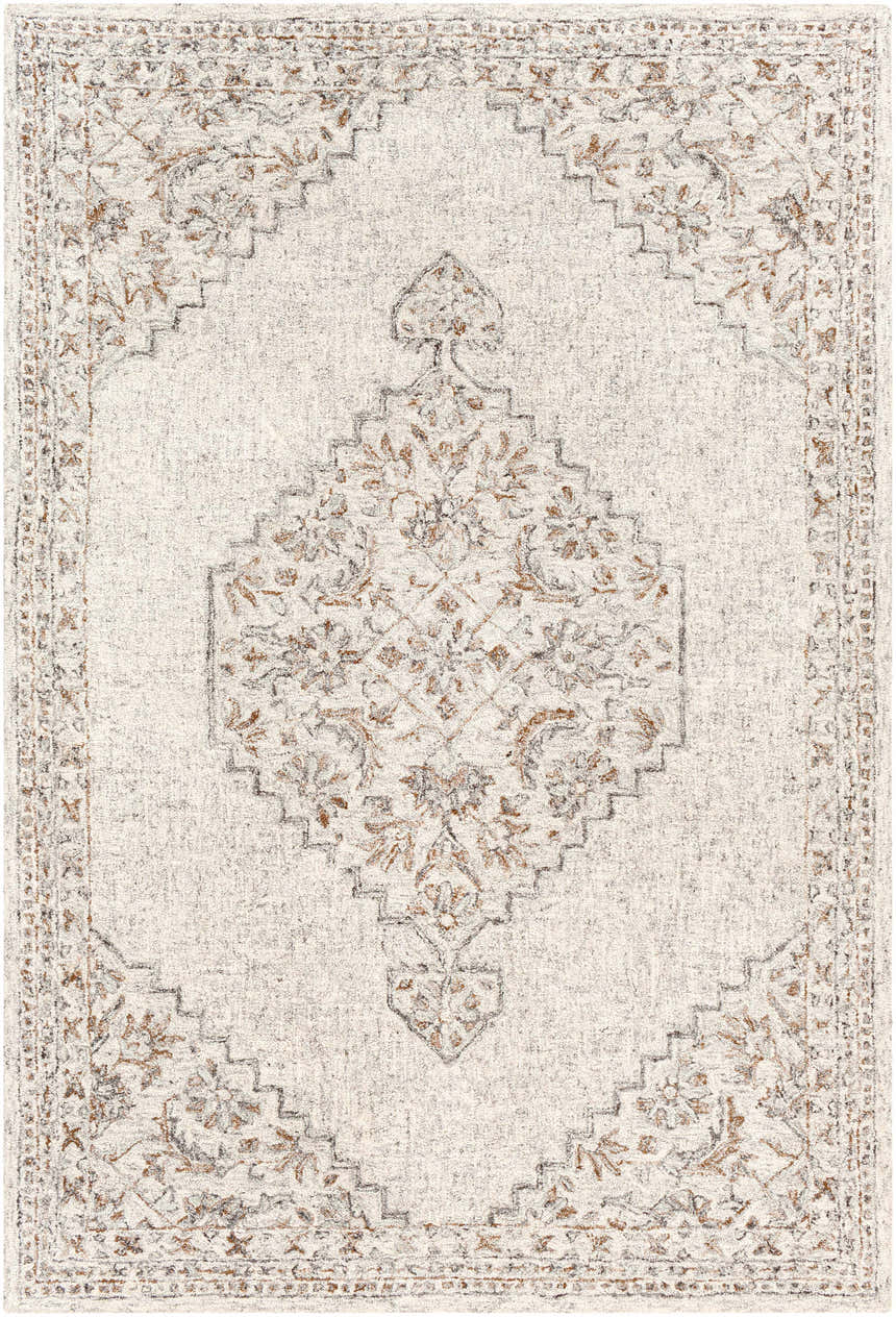 Close-up of the Currimao Area Carpet, showcasing its traditional Persian-style design in neutral tones with brown and gray floral accents. Design-Rectangle-576