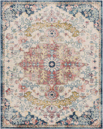 Close-up of the Corrimal Area Rug. Bohemian style rug with aqua, burgundy, ink blue, off white, slate, and yellow colors. Design-Rectangle-71010