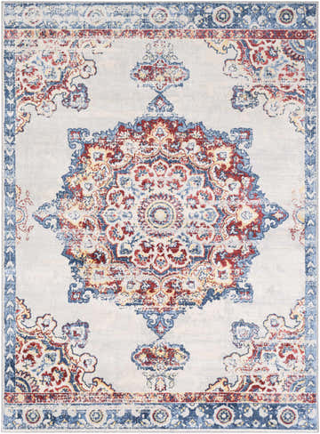 Close-up of Carron Area Rug with traditional medallion design in blue, burgundy, red, and yellow on a silver gray background. Design-Rectangle-5373
