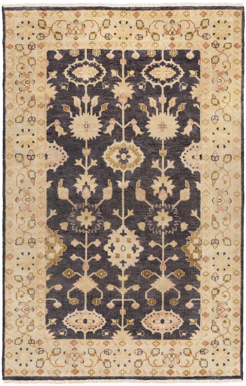 Close-up of the hand-knotted Castlewood Area Rug. Farmhouse style rug in black, brown, and light olive floral pattern. Design-Rectangle-5686
