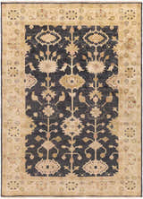 Close-up of the hand-knotted Castlewood Area Rug. Traditional floral pattern in black, burnt orange, and light olive on wool. Design-Rectangle-811