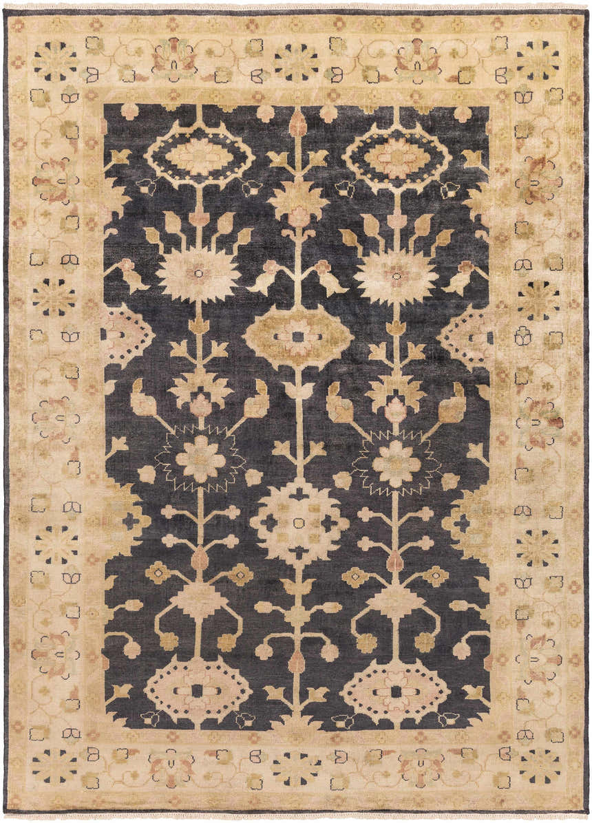 Close-up of the hand-knotted Castlewood Area Rug. Traditional floral pattern in black, burnt orange, and light olive on wool. Design-Rectangle-811