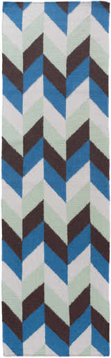 Close-up of the hand woven Curtin Carpet. Features a contemporary chevron pattern in blue, navy, sage, and white wool. Design-Runner-268